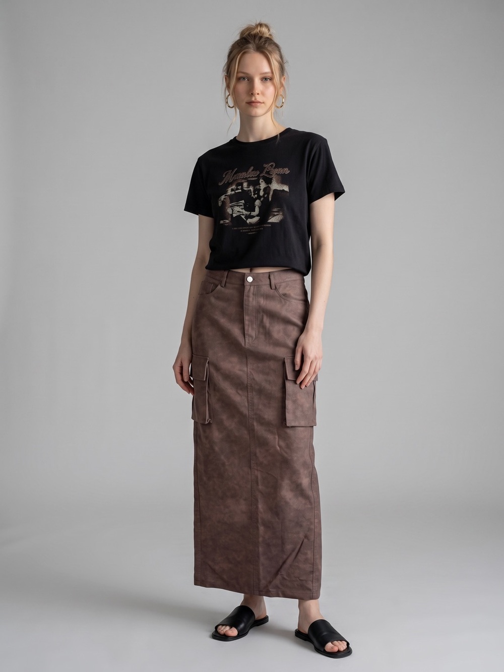 Pretty Little Thing Faux Leather Maxi Skirt US 4 Tall Cargo Pocket Slit Back
